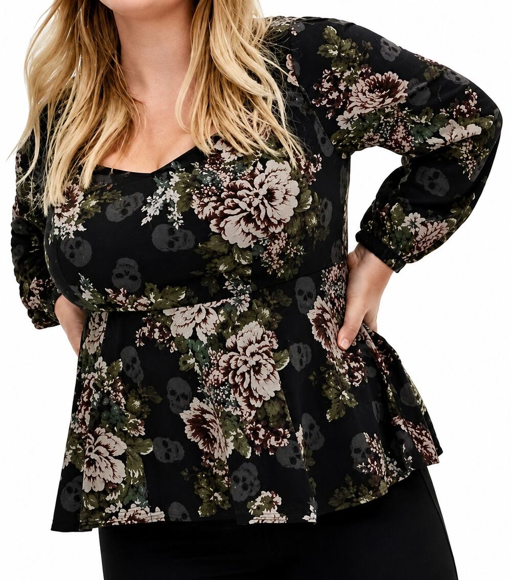 Torrid Skull Floral Peplum Top Black Long Sleeve L Whimsigoth Size 00